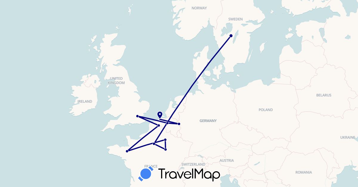 TravelMap itinerary: driving in Belgium, Germany, France, United Kingdom, Sweden (Europe)